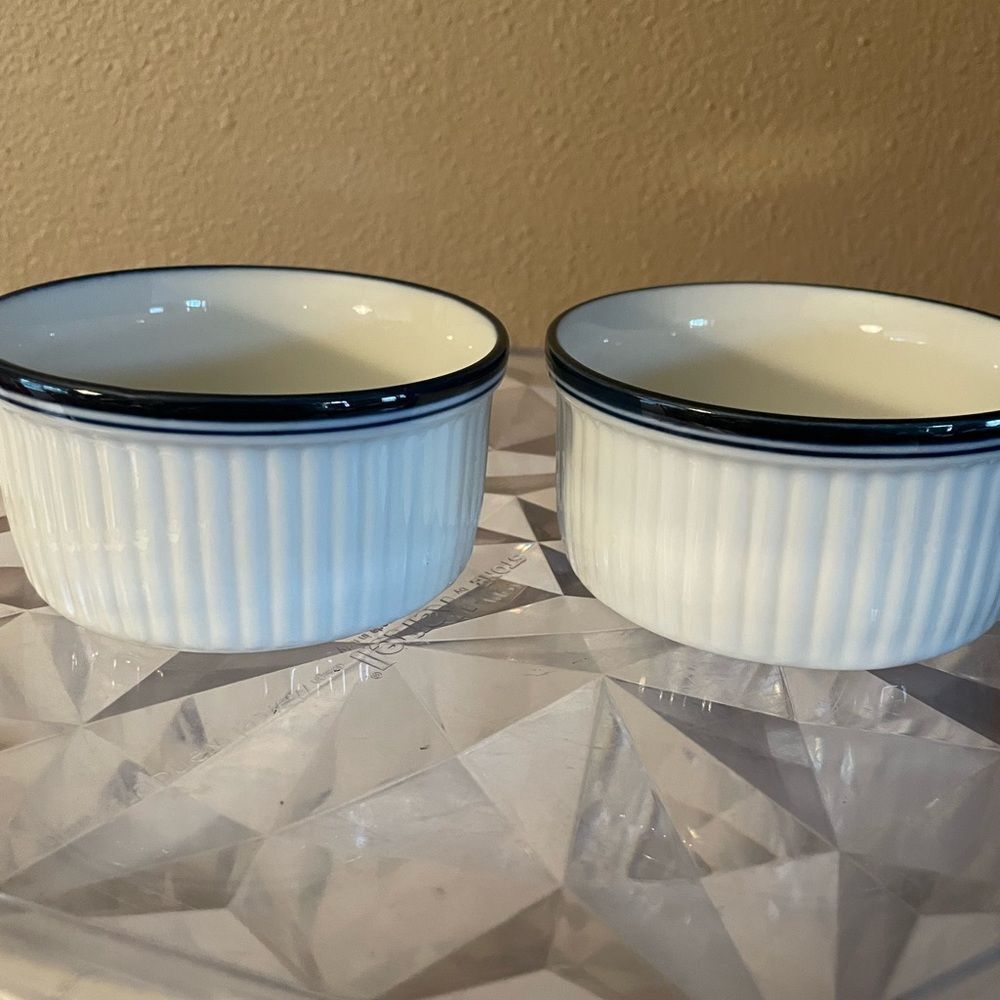 Dansk White Blue Rimmed Ribbed Bistro 4 inch Serving Bowls x 2 Portugal
